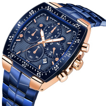 Custom New Design Square Blue Stainless Steel Waterproof Watch Chronograph Quartz Charm Luxury Wrist Watch For Men